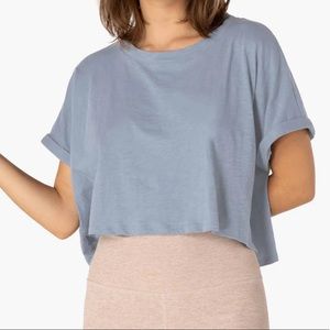 BEYOND YOGA Never Been Boxy Cropped Tee - Serene Blue Heather - Size L - EUC